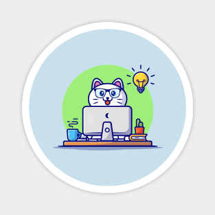 Cute Cat Working On Computer With Coffee Cup Cartoon Vector Icon Illustration Magnet